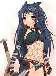  bandages bikini_armor blue_hair blush capcom choker elbow_gloves fishnets flat_chest gloves hairband kochiya long_hair midriff monster_hunter nargacuga_(armor) red_eyes sash solo standing sword very_long_hair weapon 