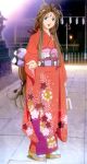  aa_megami-sama bag belldandy blue_eyes brown_hair facial_mark forehead_mark japanese_clothes kimono long_hair purse ribbon smile very_long_hair 
