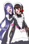  2girls :d ;d alternate_costume apron bangs black_dress blood bloody_clothes blue_eyes blue_hair blunt_bangs blush brown_hair collared_dress commentary_request dangan_ronpa_(series) dangan_ronpa_v3:_killing_harmony dress enmaided glasses hair_ornament hands_on_another&#039;s_shoulders harukawa_maki highres juliet_sleeves long_dress long_hair long_sleeves looking_at_viewer maid maid_apron maid_headdress multiple_girls one_eye_closed open_mouth parted_bangs pink_blood puffy_sleeves red_eyes satori_(blueinc324) shirogane_tsumugi smile spider_web_hair_ornament v_arms very_long_hair white_apron white_background 