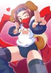  arcana_heart brown_hair buruma dog_ears dog_tail fingerless_gloves foreshortening gloves gym_uniform hands headband konoha konoha_(arcana) miso_panda ninja scarf tail wink 