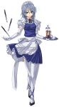  absurdres ankle_lace-up apron blue_eyes braid cross-laced_footwear cup elbow_gloves garter_belt garter_straps gloves hairband highres izayoi_sakuya knife looking_at_viewer maid maid_headdress ribbon short_hair silver_hair solo standing teacup thigh-highs thighhighs touhou transparent_background tray twin_braids uemukai_dai uemuki waist_apron white_gloves white_legwear white_thighhighs 