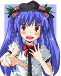  bad_id blue_hair blush bow food fruit hand_on_own_chest hat hinanawi_tenshi long_hair open_mouth peach pointing red_eyes solo tears touhou twintails wata 