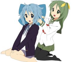  beni_oboro blazer blue_eyes blue_hair cirno cirno_(cosplay) cosplay crossover daiyousei daiyousei_(cosplay) derivative_work green_eyes green_hair hirasawa_ui hirasawa_yui k-on! pantyhose parody ribbon school_uniform siblings side_ponytail sisters touhou 