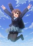  brown_hair double_v hair_ornament hairclip hirasawa_yui jumping k-on! latex open_mouth pantyhose sayousuke school_uniform skirt solo v wink 