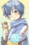  blue_eyes blue_hair blush food headset ice_cream kaito kuro_(nao_krd) male scarf solo vocaloid 