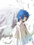  angel_wings blue_eyes blue_hair feathers himitsu_~kuro_no_chikai~_(vocaloid) izuxco kaito male simple_background solo vocaloid wings 