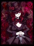  breasts cleavage dress eyepatch flower gothic_lolita hands_clasped hat large_breasts lolita_fashion nail_polish original red_hair redhead rose smile solo thorns top_hat torigoe_takumi 