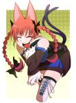  bare_shoulders bent_over black_legwear boots bow braid cat_ears cat_tail closed_eyes colored_eyelashes cosplay detached_sleeves extra_ears hair_bow highres kaenbyou_rin koutamii lace-up_thighhighs leaning_forward long_hair morichika_rinnosuke morichika_rinnosuke_(cosplay) multiple_tails open_mouth pointy_ears red_eyes skirt smile solo tail thigh_boots thighhighs thighs touhou twin_braids twintails 