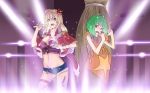  2girls \m/ blonde_hair blue_eyes bracelet breasts cleavage ganzyu_i green_hair jewelry long_hair macross macross_frontier microphone multiple_girls ranka_lee red_eyes sheryl_nome short_hair shorts singing 