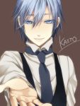  blue_eyes blue_hair foreshortening formal gloves hands kaito macco male necktie simple_background smile solo vocaloid 