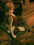  brown_eyes brown_hair butt_crack cleavage down_blouse downpants highres kneehighs lipstick looking_back meiko microphone_stand mrbr short_hair sitting skirt socks solo thighhighs vocaloid wariza 