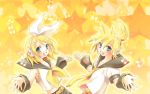  blue_eyes hair_ornament hair_ribbon hairclip hashi_moto headphones kagamine_len kagamine_rin necktie ribbon siblings twins vocaloid 