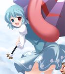  blue_hair geta gotou_jin heterochromia karakasa karakasa_obake red_eyes sandals short_hair solo tatara_kogasa tongue touhou umbrella 