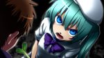  angry aqua_hair blue_eyes cosplay hat hatsune_miku higurashi_no_naku_koro_ni parody ryuuguu_rena spring_onion vocaloid yangire 