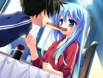  blue_hair chopsticks game_cg katsuragi_kotori mouth_hold munyuu purely sleeves_pushed_up toast toast_in_mouth track_jacket 