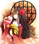  bad_id brown_hair fan floral_print flower hair_flower hair_ornament japanese_clothes long_hair original red_eyes smile solo yuzuki_karu 