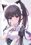  1girl :&lt; ? animal_ear_fluff animal_ears bangs black_dress black_hair black_ribbon blunt_bangs blush breasts cat_ears cat_girl cat_tail closed_mouth commentary_request dress earrings eyebrows_visible_through_hair hand_up head_tilt heart highres jewelry long_hair looking_at_viewer maid maid_headdress medium_breasts mikaze_oto multicolored_hair neck_ribbon original ponytail puffy_short_sleeves puffy_sleeves red_eyes redhead ribbon short_sleeves sidelocks solo streaked_hair tail tail_raised two-tone_hair upper_body very_long_hair wrist_cuffs 