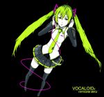 ahoge detached_sleeves from_above green_eyes green_hair hands_on_headphones hatsune_miku headphones long_hair necktie pio simple_background solo thighhighs twintails very_long_hair vocaloid 