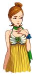  brown_hair capcom clover dress earrings gyakuten_saiban hair_bun jewelry kobashi lowres namina_minami ribbon ring scarf 