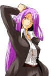  fate/stay_night fate_(series) formal fue fue_(rhomphair) glasses long_hair lowres pant_suit purple_eyes purple_hair rider suit type-moon very_long_hair violet_eyes wink 