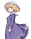  1girl absurdres blonde_hair collar dress frilled_dress frills from_side hat highres kame_(kamepan44231) long_sleeves looking_at_viewer maribel_hearn mob_cap open_mouth purple_dress simple_background solo touhou violet_eyes white_background white_collar 