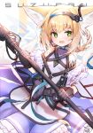  1girl :d animal_ears arknights bare_shoulders black_collar black_gloves blonde_hair blue_hairband blush braid character_name collar commentary_request dress earpiece eyebrows_visible_through_hair fox_ears frilled_dress frills gloves green_eyes hairband highres holding holding_staff infection_monitor_(arknights) looking_at_viewer milo1205 multicolored_hair open_mouth oripathy_lesion_(arknights) pouch purple_dress short_hair sidelocks smile solo staff streaked_hair suzuran_(arknights) tactical_clothes white_hair 