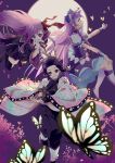  3girls :d absurdres bb_(fate) black_footwear black_hair black_skirt blue_eyes boots bow bug butterfly butterfly_hair_ornament choker closed_mouth crescent crescent_earrings cure_selene dress earrings fate/extra fate_(series) floating_hair full_moon gradient_hair hair_bow hair_ornament hand_on_own_knee haori high_heel_boots high_heels highres holding holding_sword holding_weapon jacket japanese_clothes jewelry kimetsu_no_yaiba knee_boots kochou_shinobu long_hair looking_at_viewer miniskirt moon multicolored_hair multiple_girls neck_ribbon open_mouth pants precure profile purple_background purple_choker purple_dress purple_hair purple_jacket purple_pants red_bow red_ribbon ribbon shiny shiny_hair shipu_(gassyumaron) shirt short_hair short_sleeves skirt smile star_twinkle_precure sword thigh-highs thigh_boots tongue tongue_out uniform very_long_hair violet_eyes weapon white_footwear white_shirt white_sleeves zettai_ryouiki 