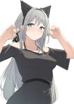  1girl absurdres an-94_(girls&#039;_frontline) animal_ears bangs black_dress cat_ears commentary_request dress fake_animal_ears girls_frontline green_eyes hair_ribbon hairband halterneck highres light_blush long_hair looking_at_viewer oyatsutime ribbon silver_hair simple_background smile solo upper_body white_background 