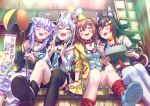  4girls :d ^_^ animal_ears aomaru_kazumi birthday_cake black_hair blush brown_hair cake cat_ears cat_girl closed_eyes dog_ears dog_girl fangs food fox_ears fox_girl hat highres hololive hololive_gamers inugami_korone multiple_girls nekomata_okayu ookami_mio open_mouth party_hat purple_hair shirakami_fubuki silver_hair sitting smile wolf_ears wolf_girl 