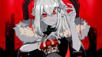  1girl absurdres arknights bangs closed_mouth crown demon_girl demon_horns ear_piercing fur_trim highres horns infection_monitor_(arknights) king_(vocaloid) long_hair mudrock_(arknights) parody piercing pointy_ears red_background red_eyes rossweisserita3 solo white_hair 