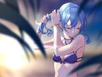  1girl bikini blue_bikini blurry blurry_background blurry_foreground bracelet breasts closed_eyes closed_mouth depth_of_field earrings facing_viewer hands_up hololive hoshimachi_suisei jewelry mikan_(chipstar182) small_breasts solo star_(symbol) star_earrings swimsuit tying_hair upper_body wet wet_hair 
