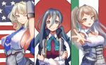  3girls ahoge american_flag blonde_hair blue_eyes blue_neckwear bow bowtie breasts brown_eyes colorado_(kancolle) conte_di_cavour_(kancolle) dress elbow_gloves gloves grey_dress grey_eyes grey_gloves grey_hair hair_between_eyes highres italian_flag japanese_flag kantai_collection kiyoshimo_(kancolle) large_breasts long_hair low_twintails multiple_girls necktie odd_one_out panda_(heart_sink) pleated_dress school_uniform shirt short_hair sideboob silver_hair sleeveless twintails two_side_up white_dress white_shirt 