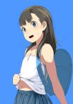  1girl backpack bag bangs blue_background blue_eyes blue_skirt blush eyebrows_visible_through_hair long_hair looking_at_viewer midriff_peek navel open_mouth original pleated_skirt randoseru simple_background skirt smile sody solo sweat 