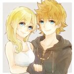  1boy 1girl blonde_hair blue_eyes breasts closed_mouth collarbone dress kingdom_hearts kingdom_hearts_ii long_hair looking_at_viewer namine simple_background smile white_dress 