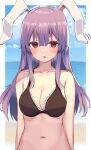  1girl absurdres animal_ears aohane arms_at_sides bangs bare_shoulders bikini blush border breasts clouds commentary_request day eyebrows_visible_through_hair fisheye hair_between_eyes highres horizon long_hair looking_at_viewer medium_breasts navel open_mouth outdoors outside_border purple_hair rabbit_ears red_eyes reisen_udongein_inaba sky solo swimsuit touhou upper_body white_border 
