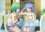  2girls alternate_costume bare_arms bare_shoulders blue_bow blue_eyes blue_hair blush bow brain_freeze cirno commentary_request commission cream cream_on_face daiyousei dessert dress eating finger_to_mouth flat_chest food food_on_face glass green_hair hair_bow holding holding_spoon ice ice_cream ice_wings indoors looking_at_another multiple_girls one_eye_closed open_mouth outdoors parfait plant potted_plant ribbon scrunchie short_hair shorts sitting skeb_commission smile sody spoon table touhou whipped_cream wings wrist_scrunchie 
