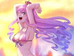  1girl :d armpits bikini breasts crown from_side green_eyes hands_up himemori_luna hololive long_hair looking_at_viewer looking_to_the_side medium_breasts mikan_(chipstar182) mini_crown open_mouth pink_bikini pink_hair smile solo swimsuit upper_body 