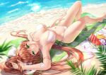 1girl arm_up armpits artist_name barefoot beach bikini blanket blurry blurry_foreground breasts brown_hair collarbone commission depth_of_field doki_doki_literature_club english_commentary food fruit green_eyes green_nails hair_ribbon hand_on_own_thigh highres large_breasts lens_flare long_hair looking_at_viewer lying monika_(doki_doki_literature_club) navel on_back potetos7 ribbon sand side-tie_bikini smile solo swimsuit tray very_long_hair water watermelon_slice white_bikini white_ribbon 