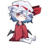  1girl bangs bat_wings chibi closed_mouth eyebrows_visible_through_hair hair_between_eyes hat highres looking_at_viewer mob_cap one_eye_closed red_eyes remilia_scarlet short_hair simple_background sitting smile solo touhou tsune_(tune) white_background wings 