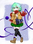 1girl alternate_costume ankle_boots bag black_legwear boots brown_footwear buttons eyeball fur-trimmed_boots fur_boots fur_trim gozen_(gozen0707) green_eyes green_hair green_shirt green_skirt heart heart_of_string highres jacket komeiji_koishi miniskirt no_hat no_headwear plaid plaid_scarf red_scarf scarf shirt shoulder_bag simple_background skirt snowflakes solo thigh-highs third_eye touhou white_background winter_clothes yellow_jacket 