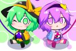  2girls :&lt; :3 black_footwear black_headwear blouse blue_blouse blush chibi collared_shirt eyeball gozen_(gozen0707) green_eyes green_hair green_skirt hairband hat hat_ribbon heart heart_hands highres komeiji_koishi komeiji_satori long_sleeves looking_to_the_side multiple_girls one_eye_closed open_mouth pink_skirt purple_footwear purple_hair purple_hairband ribbon shirt shoes short_hair siblings sisters skirt third_eye touhou violet_eyes wavy_hair wide_sleeves yellow_ribbon yellow_shirt 