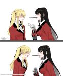  3girls :&lt; black_hair blonde_hair blush character_request closed_eyes closed_mouth commentary_request eyebrows_visible_through_hair food highres hyakkaou_academy_uniform imminent_kiss jabami_yumeko kakegurui long_hair mmotu_123 multiple_girls pantyhose pocky pocky_kiss saotome_meari sweatdrop yellow_eyes yuri 