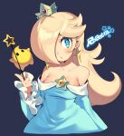  1girl bare_shoulders blonde_hair blue_dress blue_eyes blush breasts character_name collarbone cropped_torso crown dress earrings hair_over_one_eye hand_up holding holding_wand iroyopon jewelry lips long_hair long_sleeves looking_to_the_side luma_(mario) off-shoulder_dress off_shoulder parted_lips rosalina simple_background star_(symbol) star_earrings super_mario_bros. super_mario_galaxy wand 