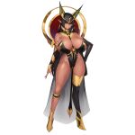  1girl animal_ears ankh bangs black_hair black_legwear black_leotard breasts dark_elf egyptian egyptian_clothes elf green_eyes hair_between_eyes high_heels highres hime_cut huge_breasts jackal_ears last_origin leotard long_hair long_pointy_ears looking_at_viewer official_art pointy_ears sekhmet_of_death single_thighhigh snowball22 solo tachi-e thigh-highs very_long_hair 