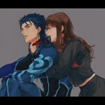  1boy 1girl absurdres alternate_hairstyle animal_collar behind_another blue_bodysuit blue_hair bodysuit brown_hair closed_eyes collar cu_chulainn_(fate) cu_chulainn_(fate/extra) earrings fate/extra fate_(series) from_side hair_down hair_in_mouth highres hug hug_from_behind jewelry kishinami_hakuno_(female) long_hair long_sleeves looking_back open_mouth red_eyes simple_background skin_tight spiky_hair uniwa_mochikawa 