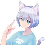  1girl animal_ear_fluff animal_ears aqua_shirt bangs blue_eyes blue_shirt breasts cat_ears cat_girl cat_tail closed_mouth commentary eyebrows_visible_through_hair hair_between_eyes highres index_finger_raised looking_at_viewer medium_breasts original shiratama-11 shirt short_sleeves silver_hair simple_background smile solo t-shirt tail upper_body white_background 