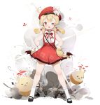  1girl absurdres ahoge bare_shoulders blonde_hair bow bowtie cabbie_hat cherry_hair_ornament child dodoco_(genshin_impact) dress explosion flower_hat food-themed_hair_ornament full_body genshin_impact gloves hair_between_eyes hair_ornament hand_on_hip hat highres jumpy_dumpty klee_(genshin_impact) kneehighs one_eye_closed open_mouth pointy_ears red_dress red_eyes sanmery sidelocks solo spread_legs standing teeth upper_teeth white_gloves yellow_pupils 