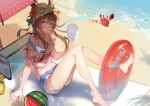  1girl absurdres alternate_costume amiya_(arknights) animal_ears arknights bare_legs barefoot beach beach_towel beach_umbrella bikini blue_bikini blue_eyes blue_shorts blush breasts brown_hair closed_mouth commentary crab day english_commentary eyewear_on_headwear flower food fruit full_body hair_between_eyes hand_fan hat hat_flower hibiscus highres holding holding_fan innertube jewelry long_hair looking_at_viewer multiple_rings off-shoulder_shirt off_shoulder outdoors paper_fan pink_shirt plaid plaid_shirt polka_dot rabbit_ears ring shirt short_shorts shorts sitting small_breasts softkittywarmkitty solo straw_hat sunglasses swimsuit towel twintails uchiwa umbrella watermelon 