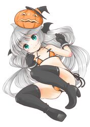  1girl absurdres bat_wings bikini black_gloves black_headwear black_legwear boots flat_chest full_body gloves green_eyes grey_hair hat highres jack-o&#039;-lantern kantai_collection long_hair looking_at_viewer low_twintails lying mikura_(kancolle) one-hour_drawing_challenge orange_bikini pumpkin simple_background solo swimsuit taisinkoku thigh-highs thigh_boots twintails white_background wings witch_hat 