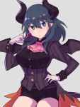  1girl alternate_costume ascot bangs black_horns black_shirt black_shorts blue_eyes blue_hair blush breasts buttons byleth_(fire_emblem) byleth_(fire_emblem)_(male)_(cosplay) byleth_eisner_(female) byleth_eisner_(male) candy cosplay demon_girl demon_horns demon_wings do_m_kaeru eyebrows_visible_through_hair fire_emblem fire_emblem:_three_houses fire_emblem_heroes food gloves grey_background hair_between_eyes halloween halloween_costume hand_on_hip holding holding_candy holding_food holding_lollipop horns large_breasts lollipop long_hair long_sleeves looking_at_viewer parted_lips pink_neckwear shirt short_shorts shorts simple_background solo striped striped_shirt underbust white_gloves wings 